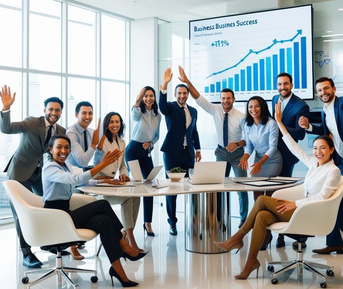 A smiling partner in a shop holding a payment device